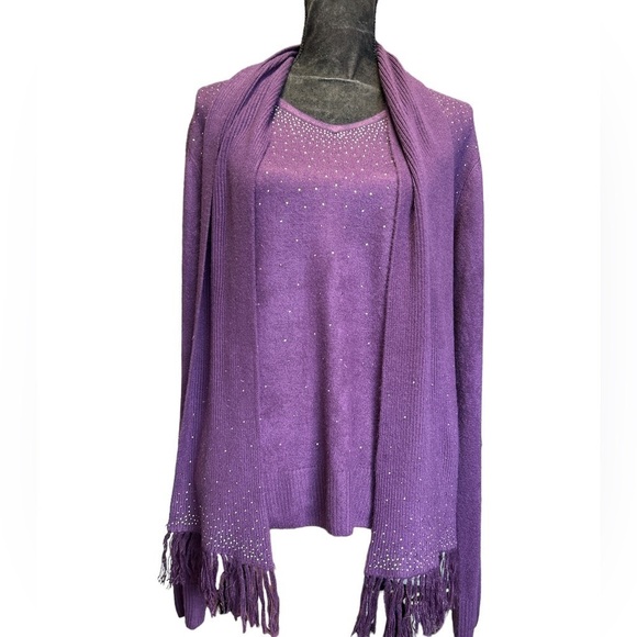 Sweater Tank Top‎ Scarf Set Purple Rhinestone Embellished Knit Outfit - Picture 3 of 8